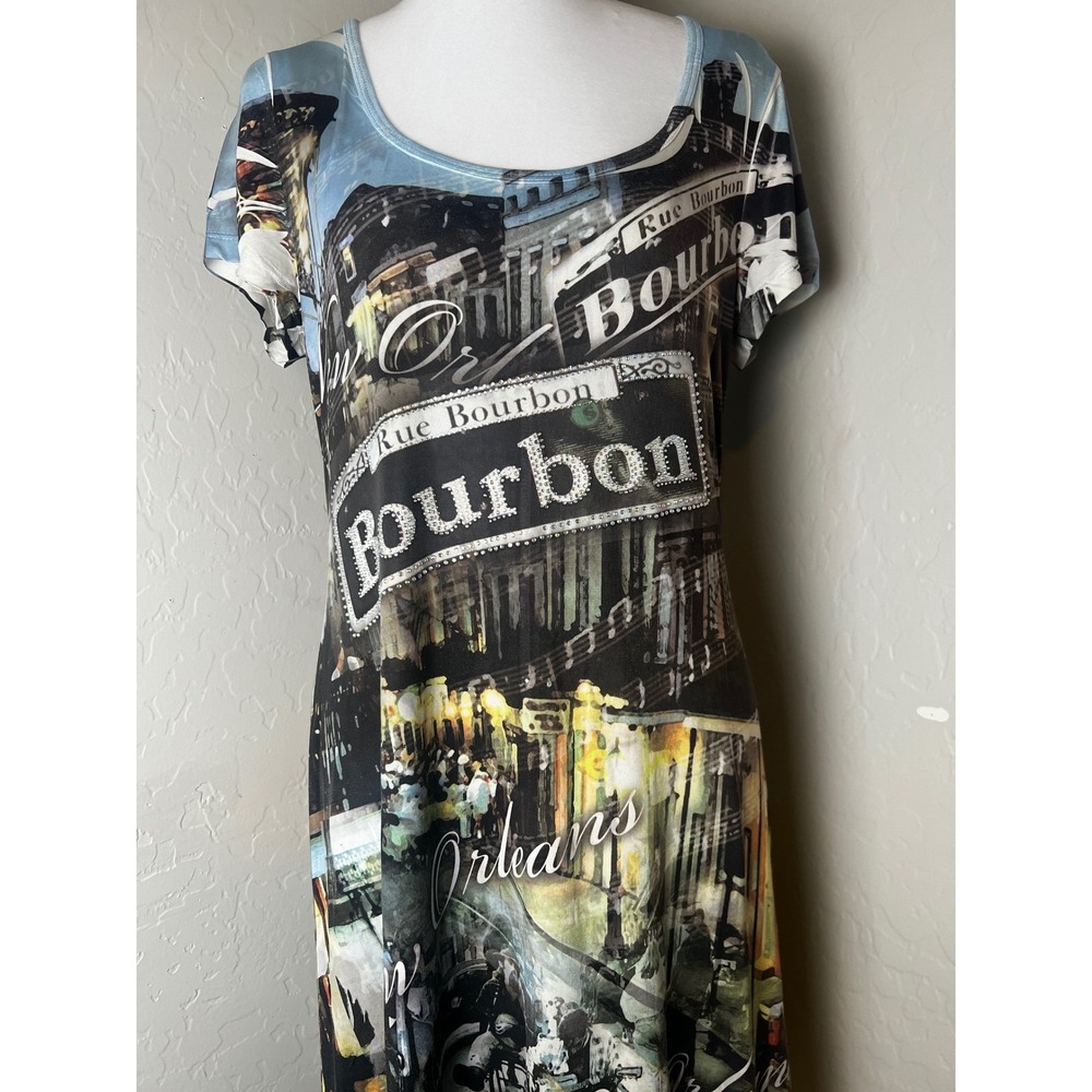 Shamu USA New Orleans Bourbon Street Graphic Print Midi Dress XL Rhinestone